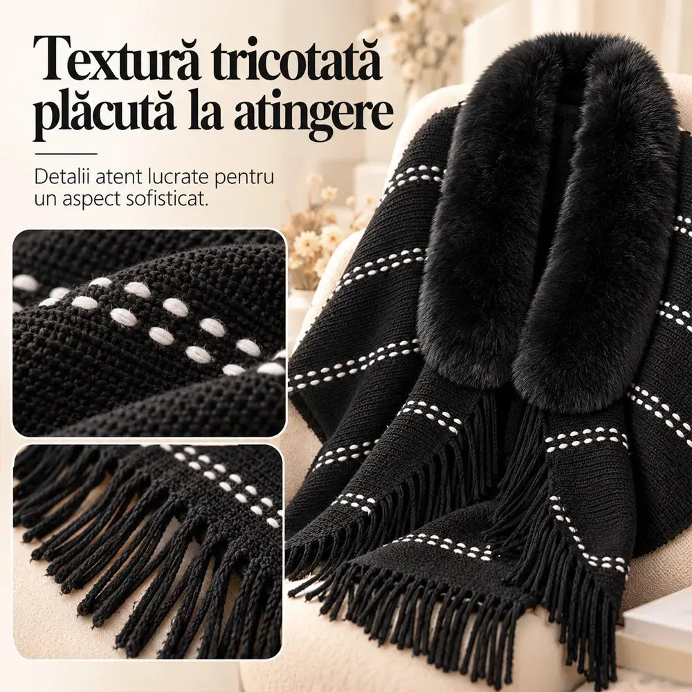 ❤️Pletené pončo s koženým golierom a strapcami 🧣 Elegantný teplý šál pre ženy na jeseň a zimu ❄️ Voľný, univerzálny sveter, ktorý zdokonaľuje postavu ✨