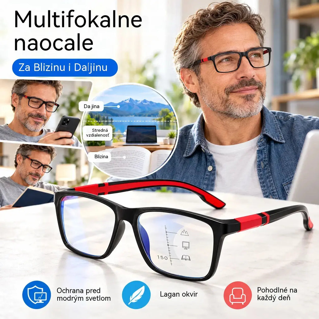 Nové, moderné multifokálne okuliare na čítanie v športovom štýle: protišmykové, fotochromatické okuliare určené pre starších dospelých, vhodné na videnie do blízka aj do diaľky.