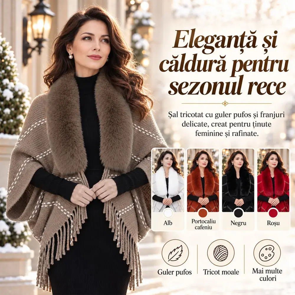 ❤️Pletené pončo s koženým golierom a strapcami 🧣 Elegantný teplý šál pre ženy na jeseň a zimu ❄️ Voľný, univerzálny sveter, ktorý zdokonaľuje postavu ✨
