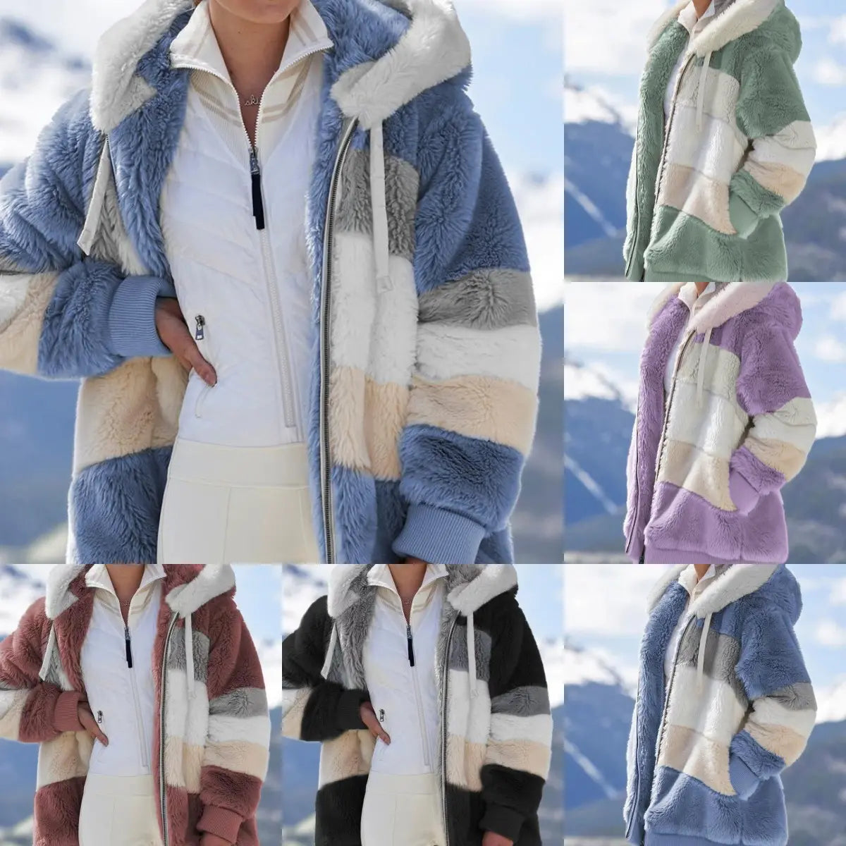 ❄️ Zadnji dan – 50 % POPUSTA! 【S–5XL】 Nov topel ženski plašč 2026 z mehko plišasto podlogo, kontrastnimi črtami, kapuco, zadrgo in žepi ter ohlapnim krojem