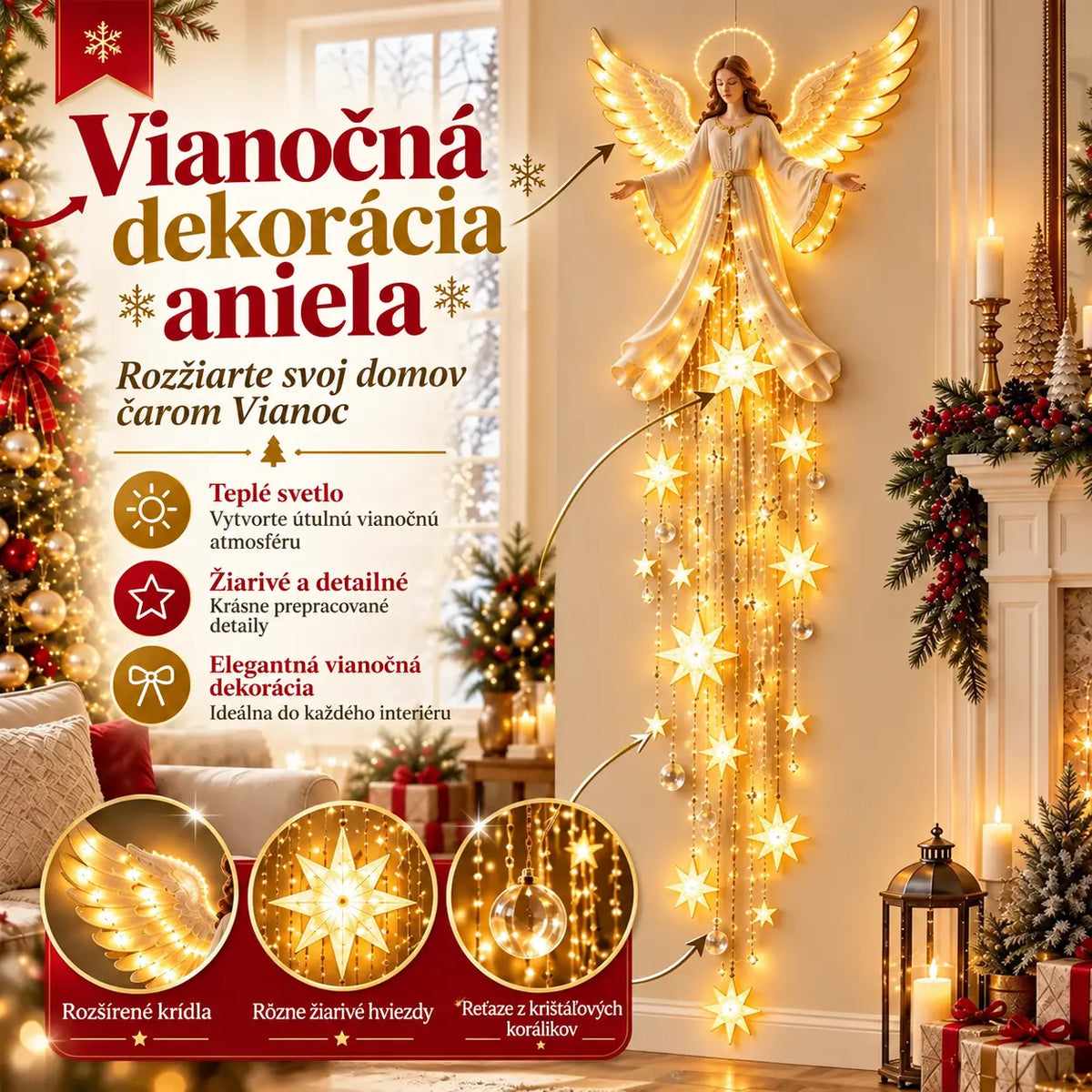 👼✨ Nástenné svietidlo s anjelom a padajúcou hviezdou | Svetelná vianočná dekorácia | LED osvetlenie s teplým svetlom do interiéru aj exteriéru 🌟