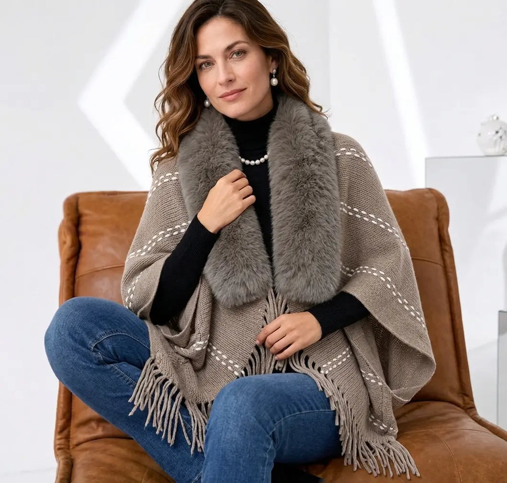 ❤️Pletené pončo s koženým golierom a strapcami 🧣 Elegantný teplý šál pre ženy na jeseň a zimu ❄️ Voľný, univerzálny sveter, ktorý zdokonaľuje postavu ✨