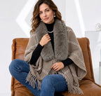 ❤️Pletené pončo s koženým golierom a strapcami 🧣 Elegantný teplý šál pre ženy na jeseň a zimu ❄️ Voľný, univerzálny sveter, ktorý zdokonaľuje postavu ✨