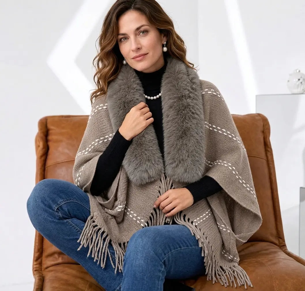 ❤️Pletené pončo s koženým golierom a strapcami 🧣 Elegantný teplý šál pre ženy na jeseň a zimu ❄️ Voľný, univerzálny sveter, ktorý zdokonaľuje postavu ✨