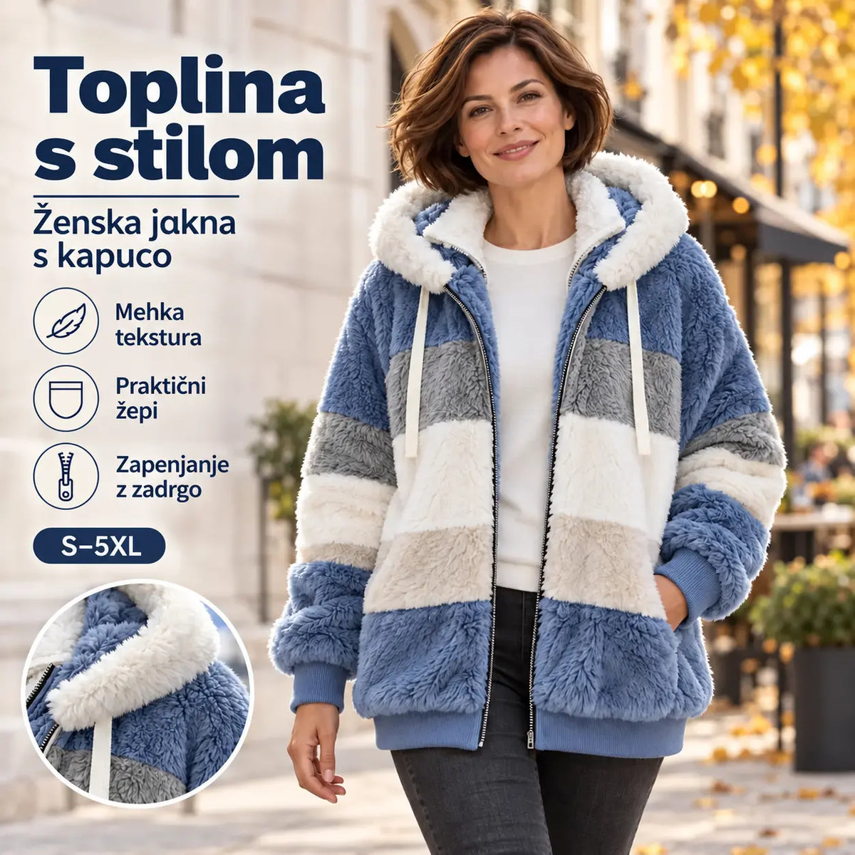 ❄️ Zadnji dan – 50 % POPUSTA! 【S–5XL】 Nov topel ženski plašč 2026 z mehko plišasto podlogo, kontrastnimi črtami, kapuco, zadrgo in žepi ter ohlapnim krojem