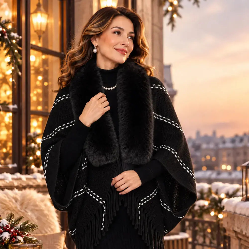 ❤️Pletené pončo s koženým golierom a strapcami 🧣 Elegantný teplý šál pre ženy na jeseň a zimu ❄️ Voľný, univerzálny sveter, ktorý zdokonaľuje postavu ✨