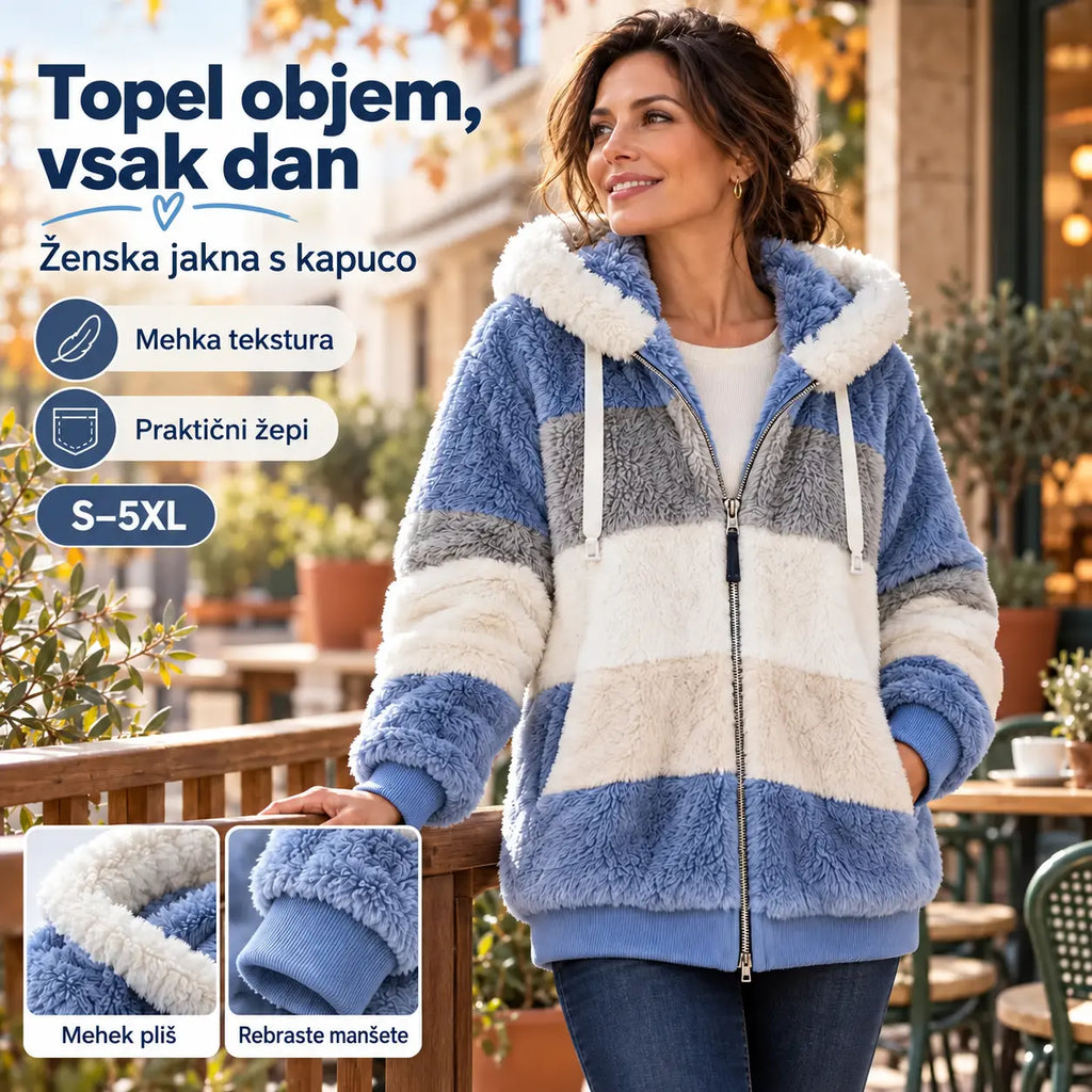❄️ Zadnji dan – 50 % POPUSTA! 【S–5XL】 Nov topel ženski plašč 2026 z mehko plišasto podlogo, kontrastnimi črtami, kapuco, zadrgo in žepi ter ohlapnim krojem